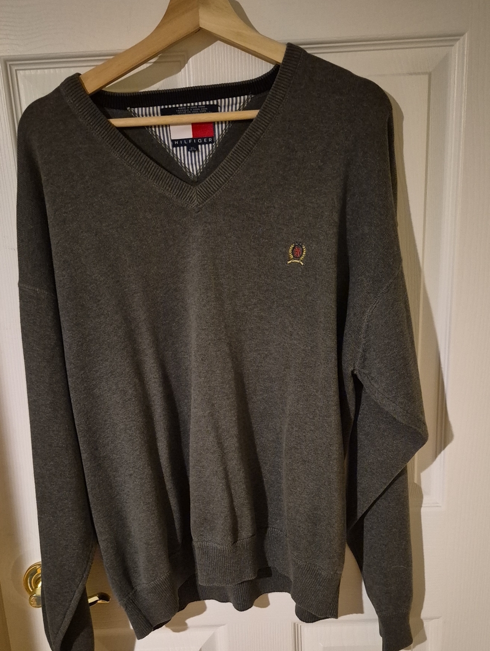 Vintage Tommy Hilfiger Men's Charcoal V-Neck Sweater with Embroidered Crest Xlg.